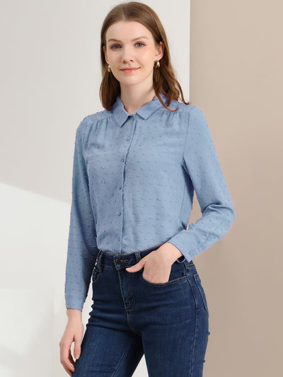 Office Point Collar Long Sleeve Swiss Dot Button Down Blouse