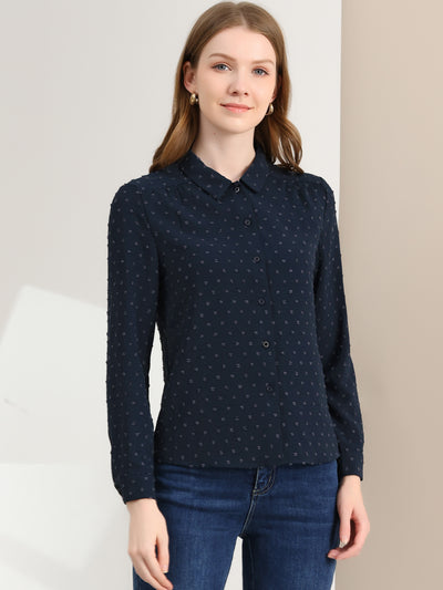 Office Point Collar Long Sleeve Swiss Dot Button Down Blouse