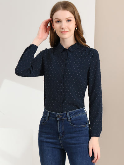 Office Point Collar Long Sleeve Swiss Dot Button Down Blouse