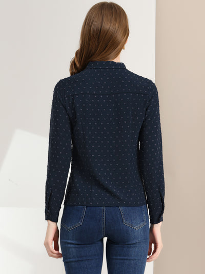 Office Point Collar Long Sleeve Swiss Dot Button Down Blouse