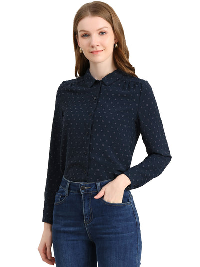 Office Point Collar Long Sleeve Swiss Dot Button Down Blouse