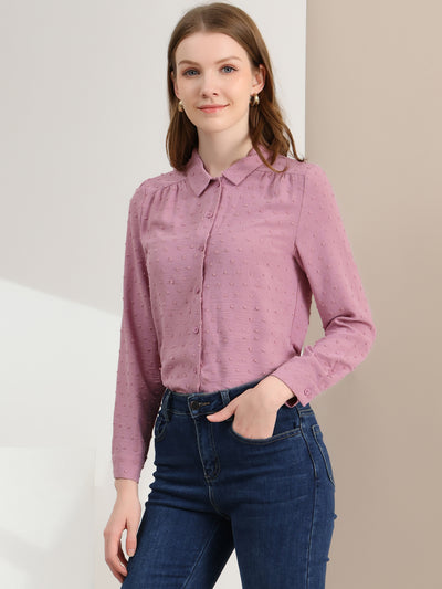 Office Point Collar Long Sleeve Swiss Dot Button Down Blouse