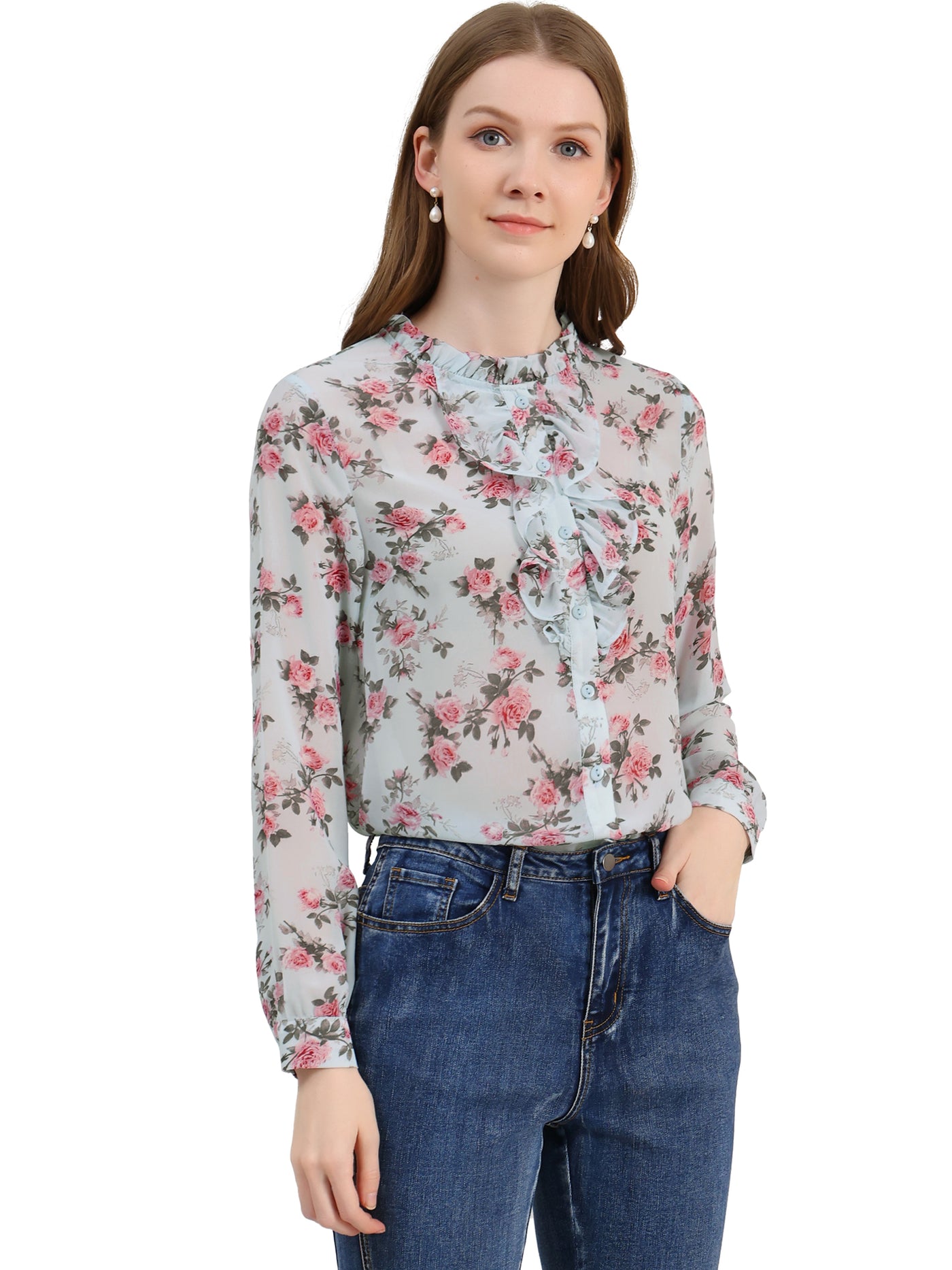 Allegra K Floral Long Sleeve Lightweight Retro Ruffled Button Chiffon Shirt