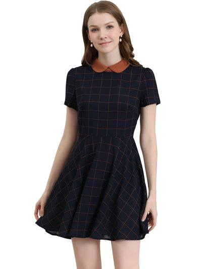 Plaid Grid Peter Pan Collar Contrast Short Sleeve A-line Dress