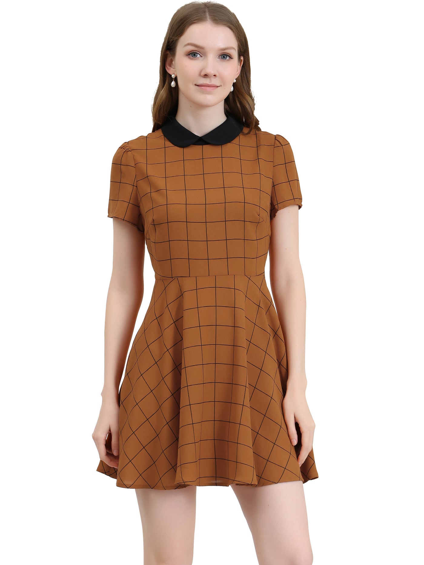 Allegra K Plaid Grid Peter Pan Collar Contrast Short Sleeve A-line Dress