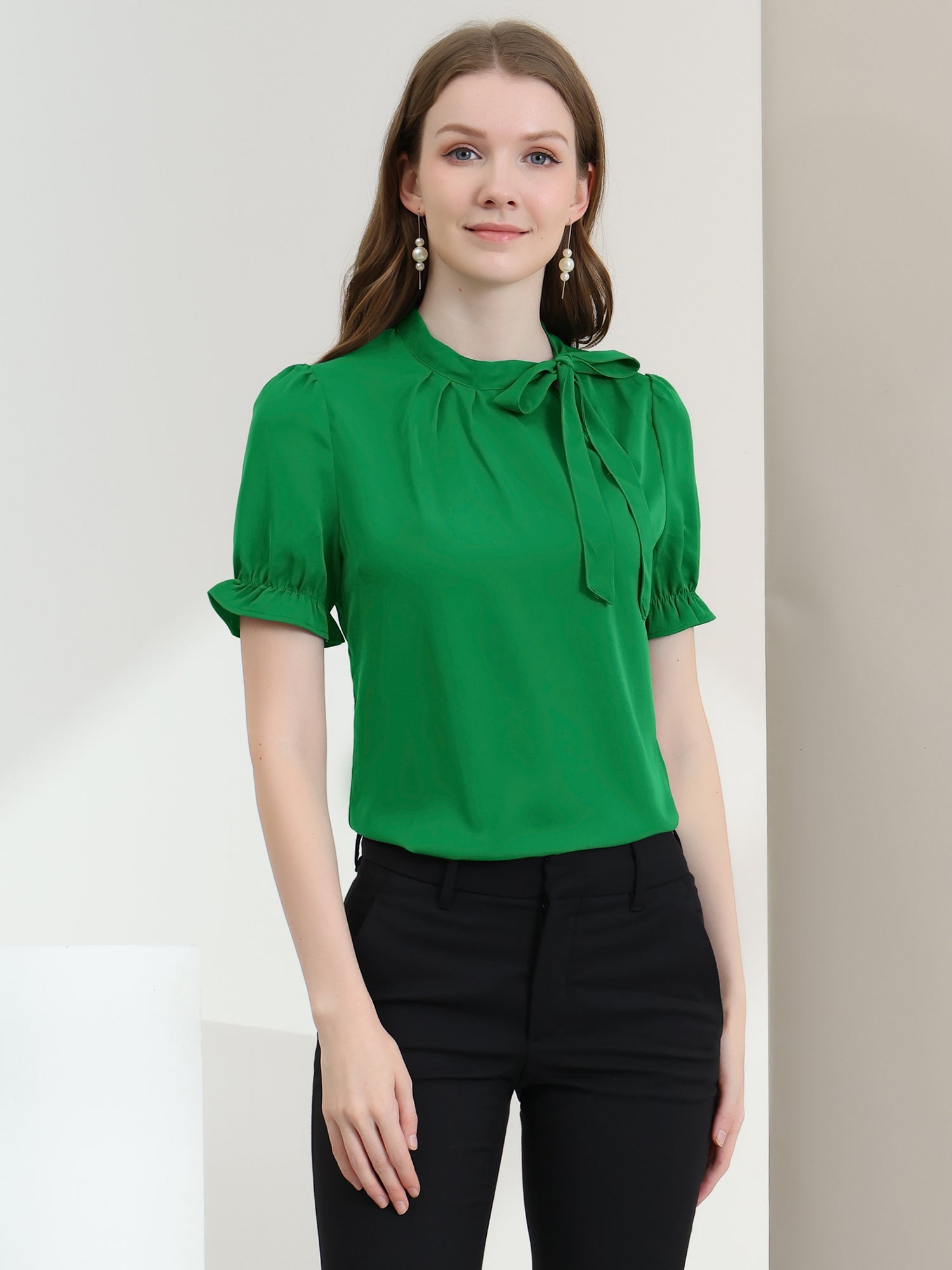 Bow Tie Neck Elegant Office Short Sleeve Blouse