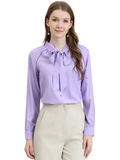 Office Long Sleeve Button Decor Elegant Bow Tie Neck Blouse