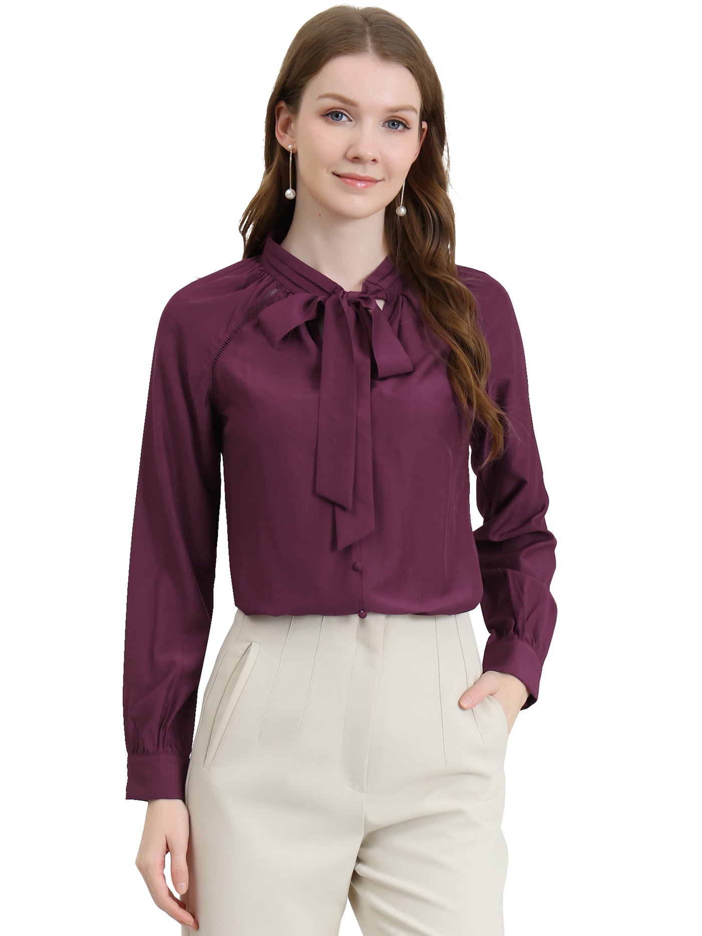 Allegra K Office Long Sleeve Button Decor Elegant Bow Tie Neck Blouse