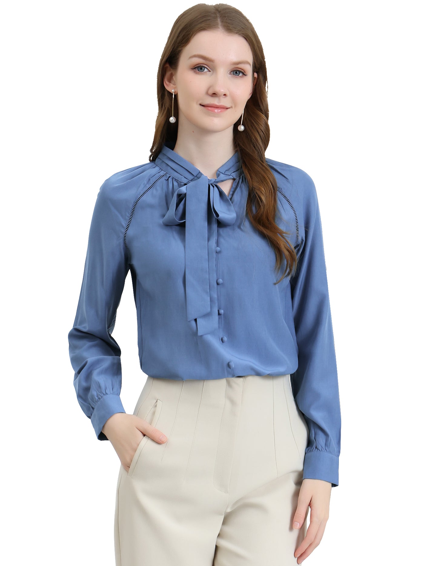 Allegra K Office Long Sleeve Button Decor Elegant Bow Tie Neck Blouse