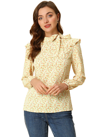 Bow Tie Neck Long Sleeve Floral Ruffled Blouse