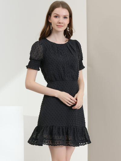 Elegant Short Sheer Sleeve Ruffle Hem Swiss Dots Chiffon Dress