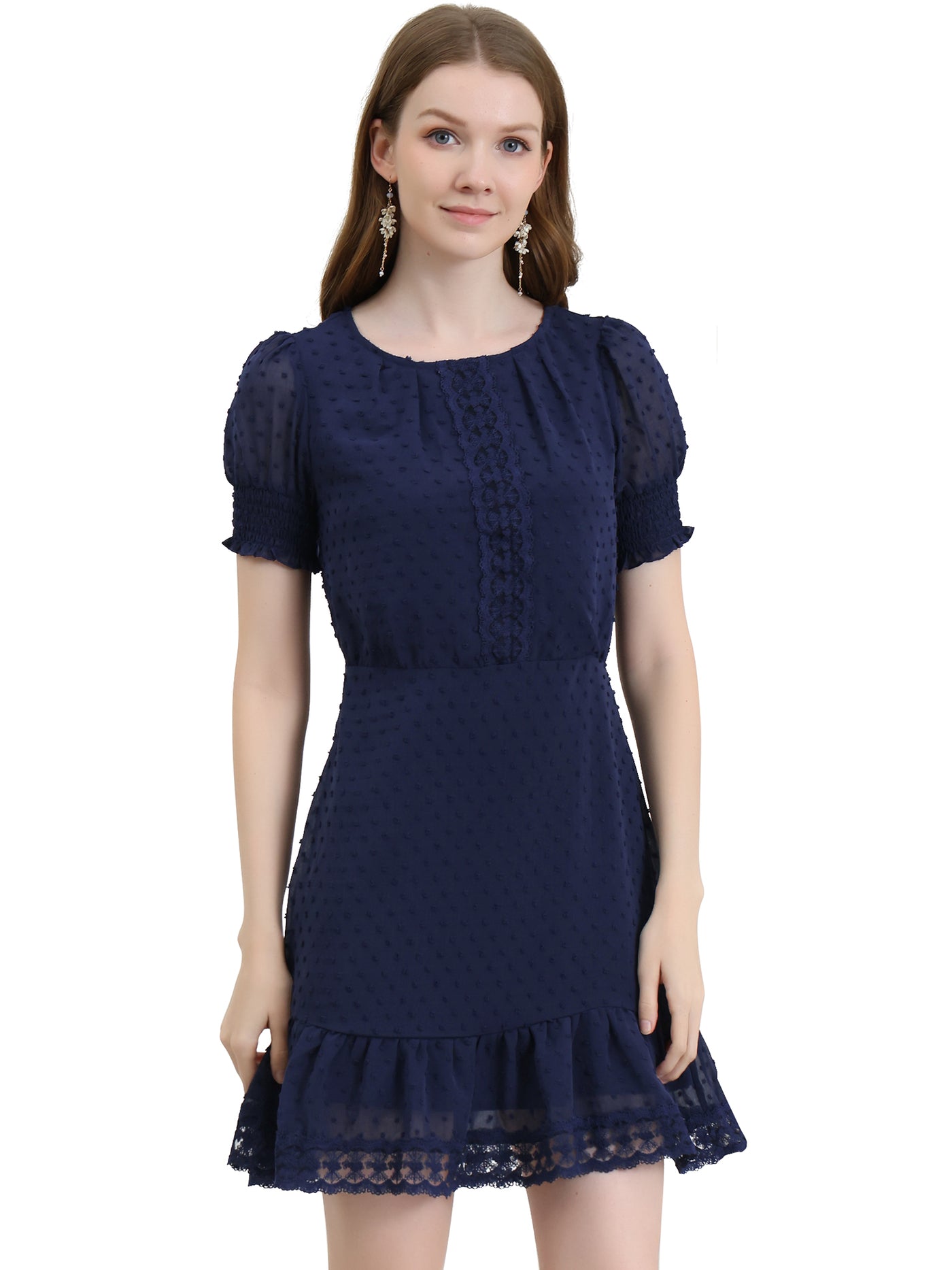 Allegra K Elegant Short Sheer Sleeve Ruffle Hem Swiss Dots Chiffon Dress