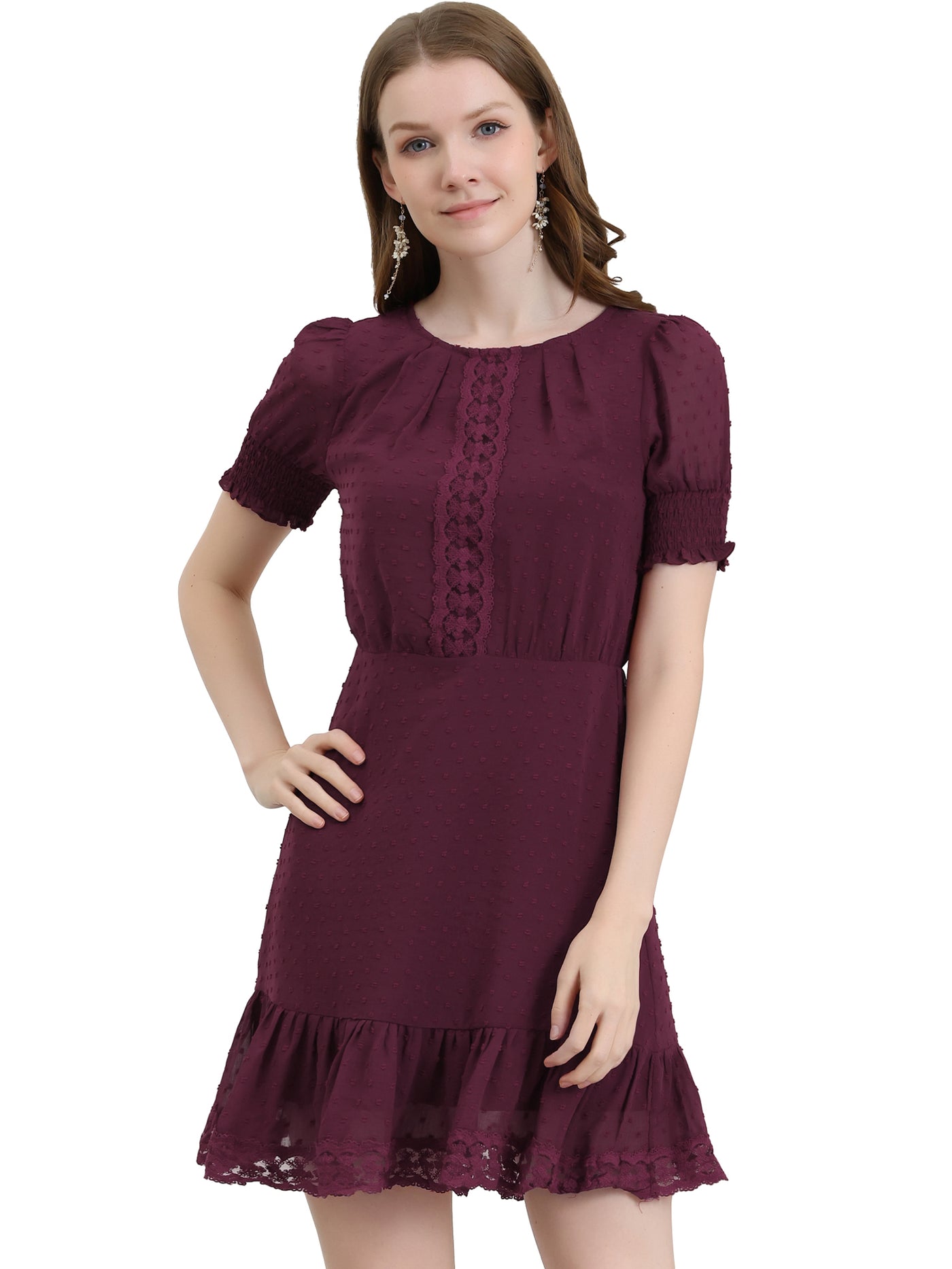 Allegra K Elegant Short Sheer Sleeve Ruffle Hem Swiss Dots Chiffon Dress