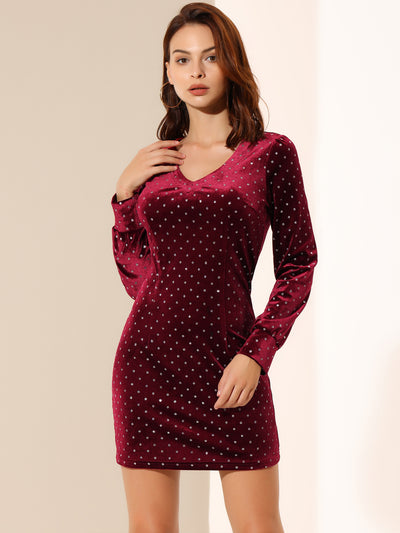 V Neck Long Sleeve Party Glitter Velvet Casual Bodycon Mini Dress