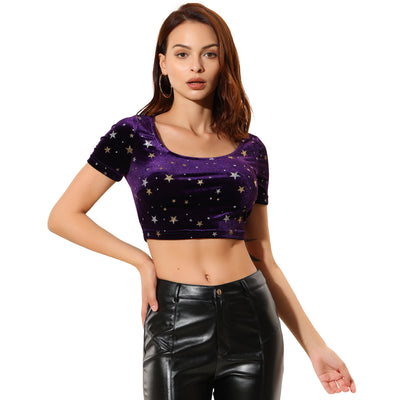 Christmas Velvet Scoop Neck Short Sleeve Slim Fit Crop Top