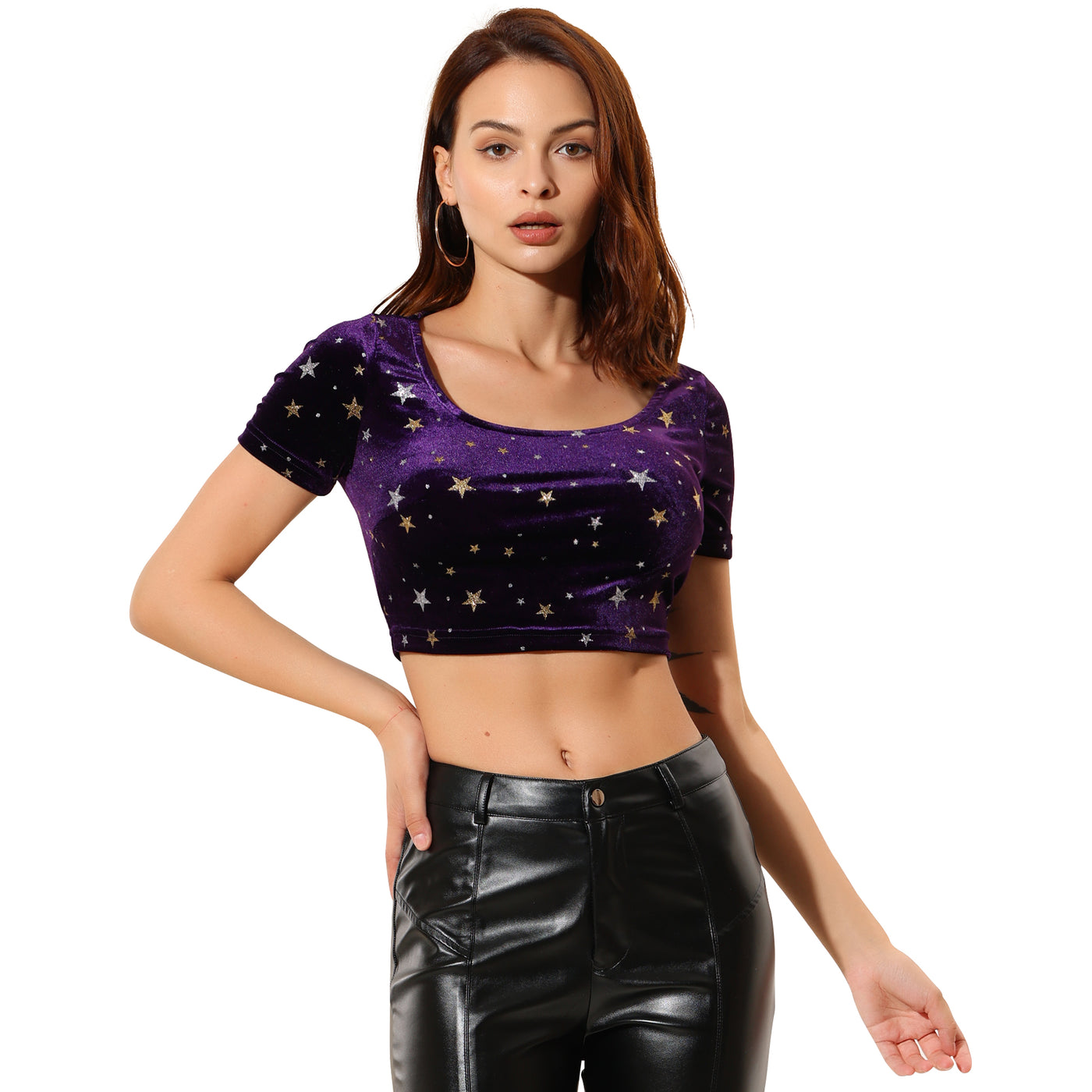 Allegra K Christmas Velvet Scoop Neck Short Sleeve Slim Fit Crop Top