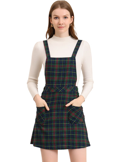 Plaid Tartan Button Decor A-Line Pinafore Overall Dress