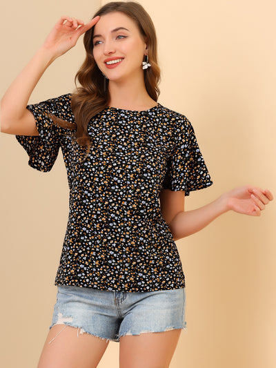 Floral Blouse Tee Chiffon Casual Flutter Sleeve Tops