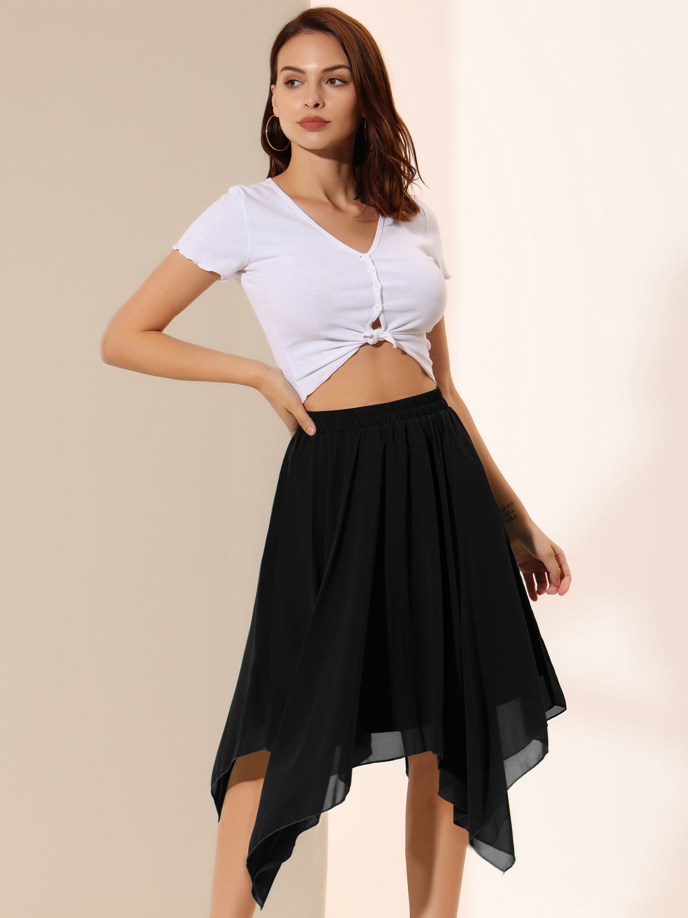 Allegra K Elastic Waist Chiffon Handkerchief Hem Midi Skirt