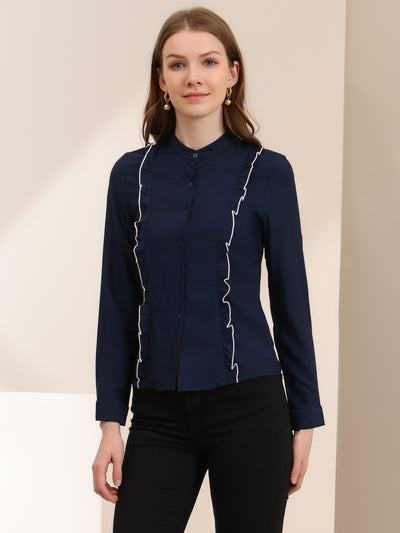 Women's Ruffle Front Shirts Long Sleeve Stand Collar Button Down Fitted Work Office Tops