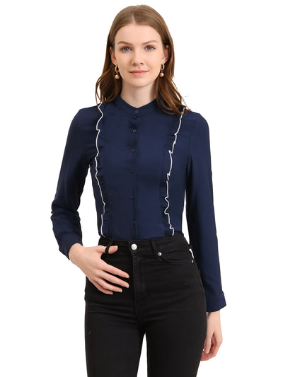 Women's Ruffle Front Shirts Long Sleeve Stand Collar Button Down Fitted Work Office Tops