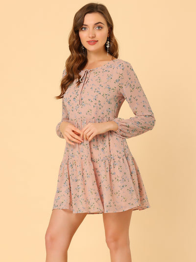 Floral Print Tiered Lightweight Flowy Long Sleeve Dress