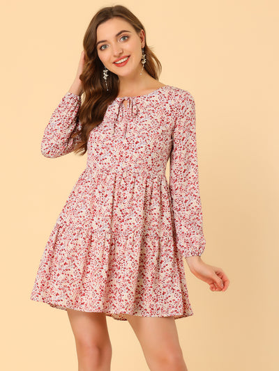 Floral Print Tiered Lightweight Flowy Long Sleeve Dress