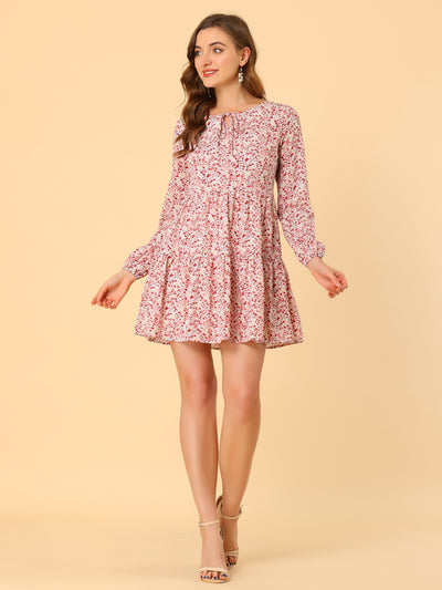 Floral Print Tiered Lightweight Flowy Long Sleeve Dress