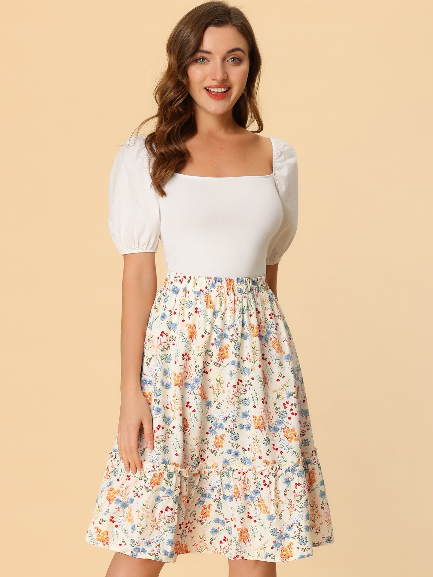 Allegra K Ruffle Hem Elastic Waist Flowy A-Line Swing Floral Midi Skirt