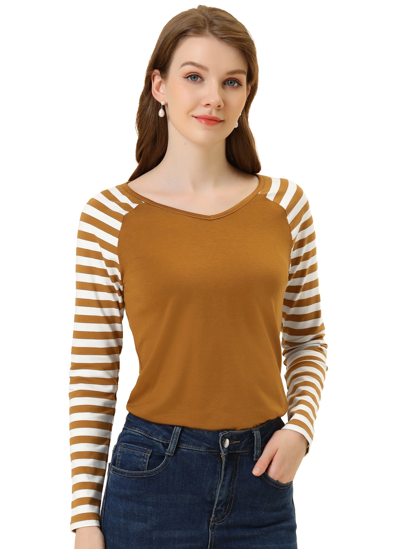 Allegra K Striped Color Block Long Raglan Sleeve V Neck Baseball T-Shirt