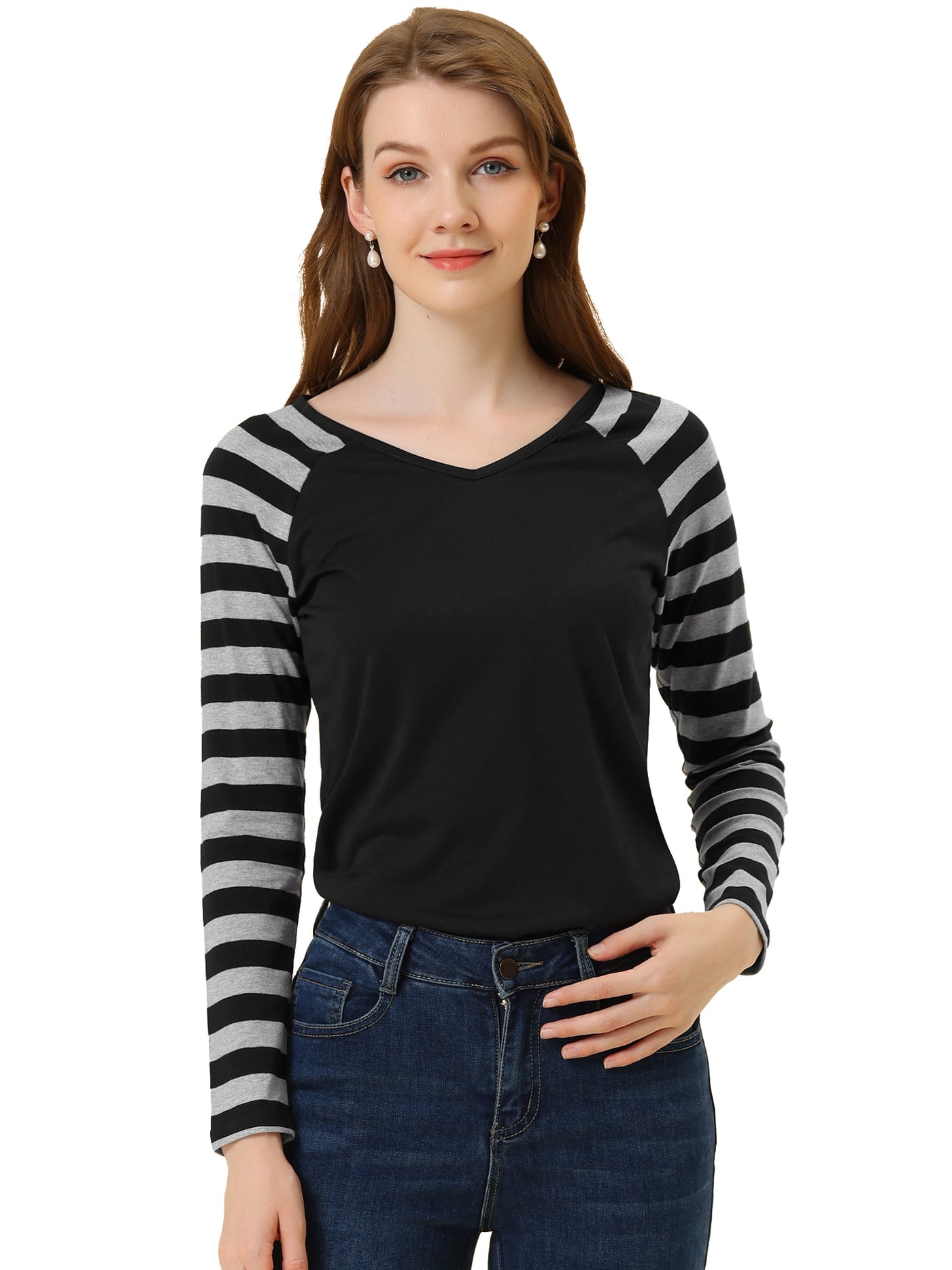 Allegra K Striped Color Block Long Raglan Sleeve V Neck Baseball T-Shirt