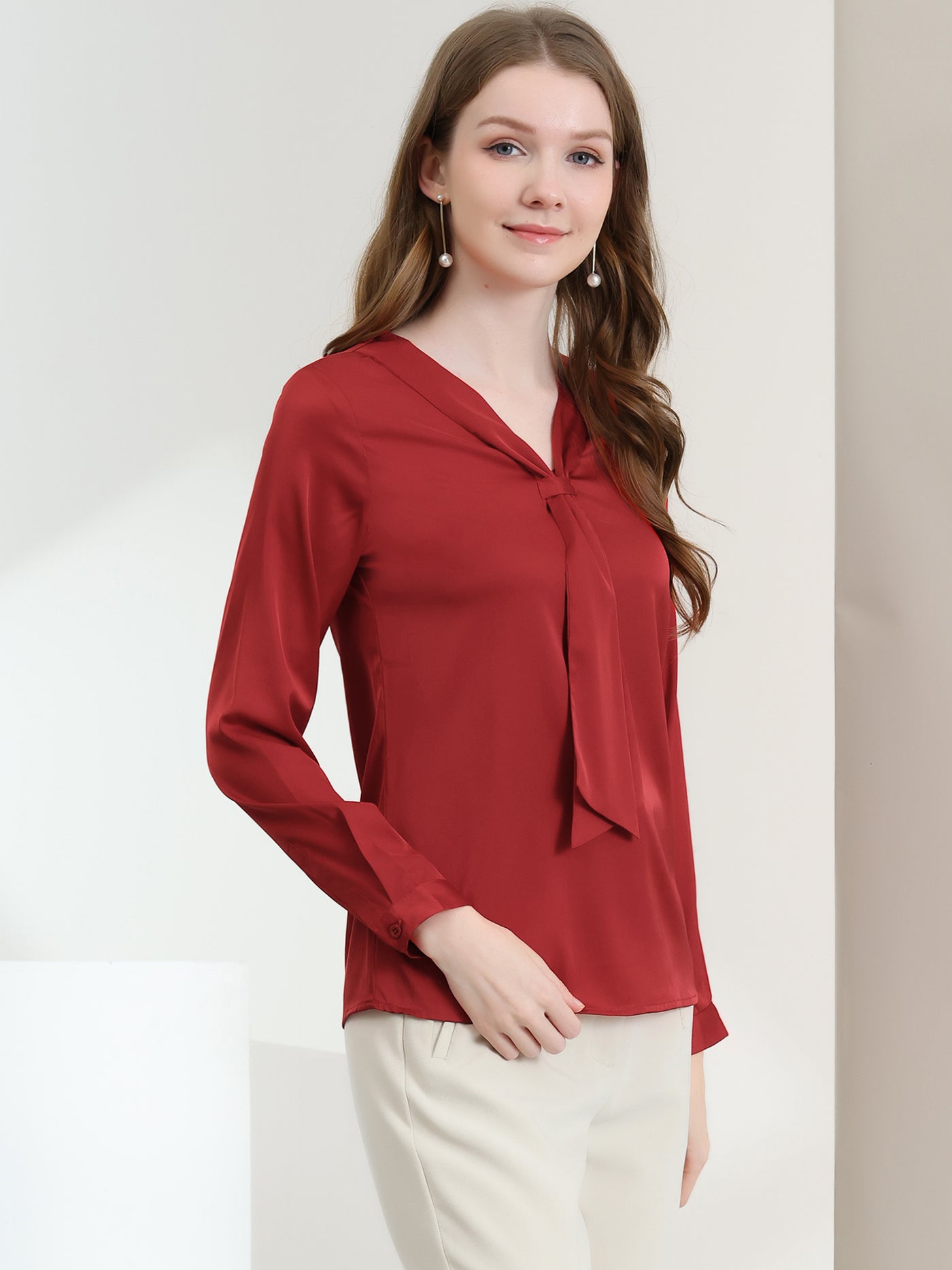 Allegra K Satin Tie Neck Long Sleeve Solid Color Elegant Office Work Shirt Top