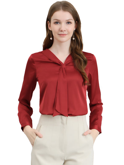 Satin Tie Neck Long Sleeve Solid Color Elegant Office Work Shirt Top