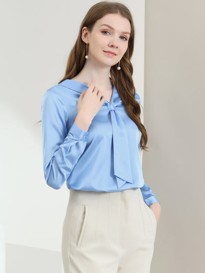 Satin Tie Neck Long Sleeve Solid Color Elegant Office Work Shirt Top