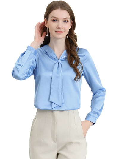 Satin Tie Neck Long Sleeve Solid Color Elegant Office Work Shirt Top