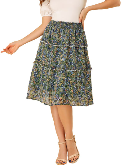 Floral Smocked Elastic Waist Knee Length Ruffle Tiered Skirt