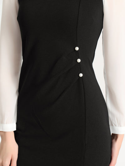 Elegant Ruched Side Contrast Panel Long Sleeve Square Neck Dress