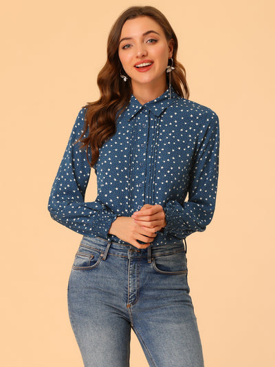 Casual Point Collar Long Sleeve Blouse Floral Button Down Shirt