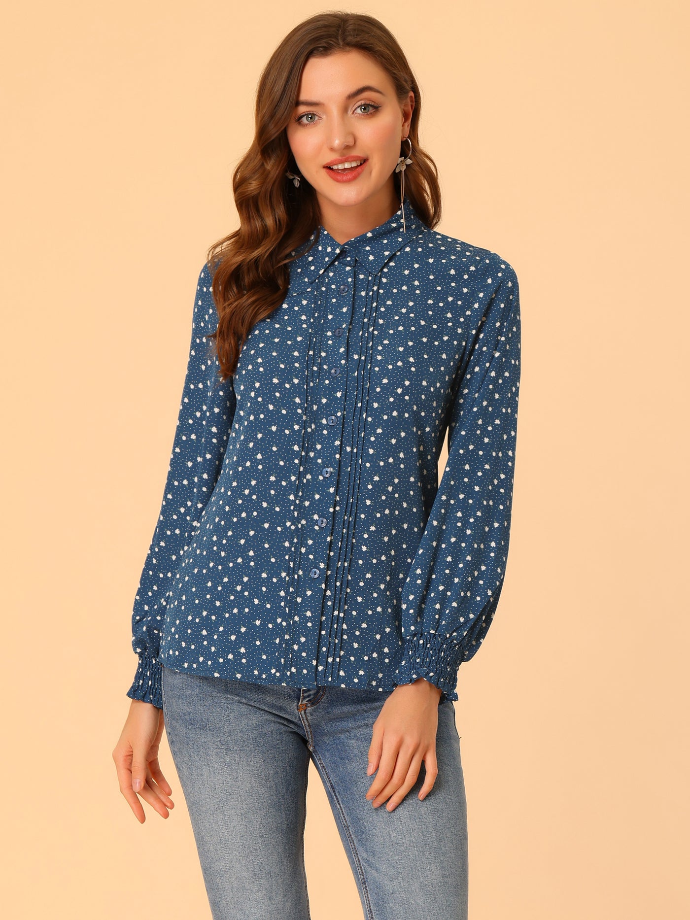 Allegra K Casual Point Collar Long Sleeve Blouse Floral Button Down Shirt