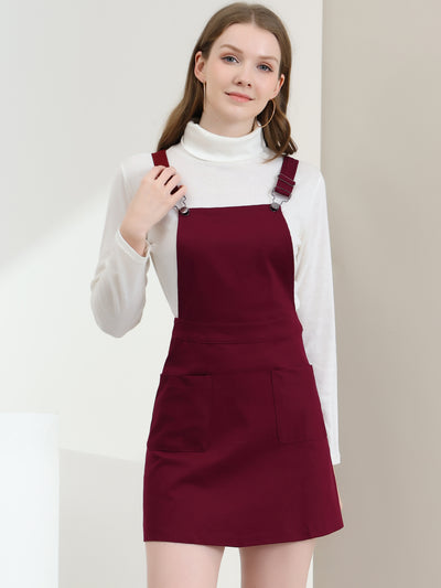 Adjustable Strap Suspender Skirt Pocket A-Line Pinafore Overall Dress