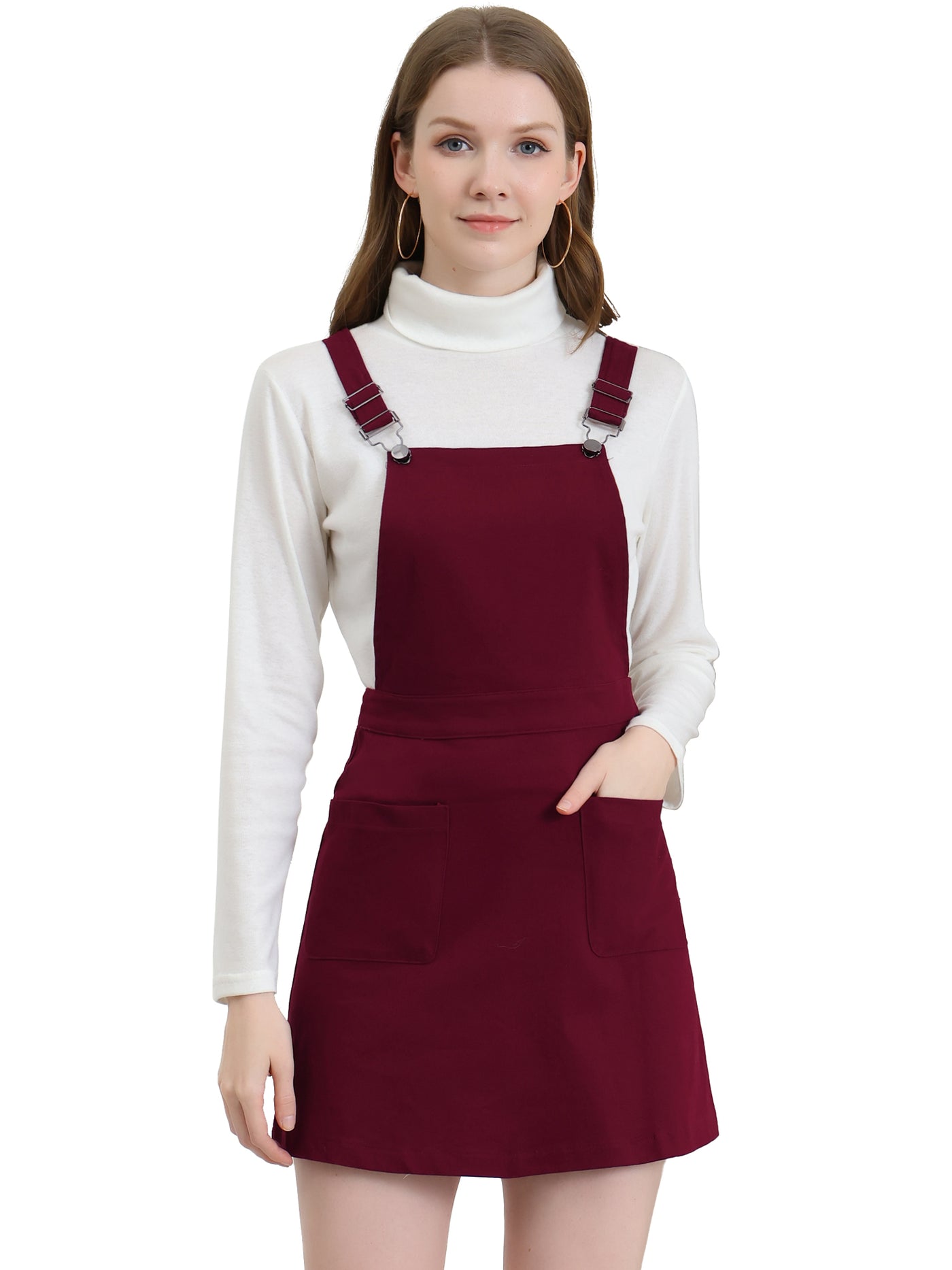 Allegra K Adjustable Strap Suspender Skirt Pocket A-Line Pinafore Overall Dress