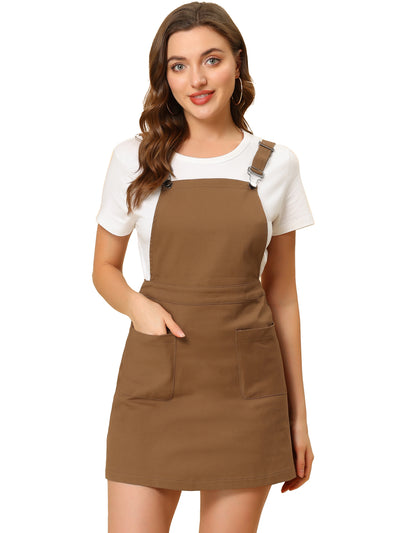 Adjustable Strap Suspender Skirt Pocket A-Line Pinafore Overall Dress