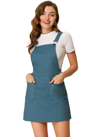 Adjustable Strap Suspender Skirt Pocket A-Line Pinafore Overall Dress