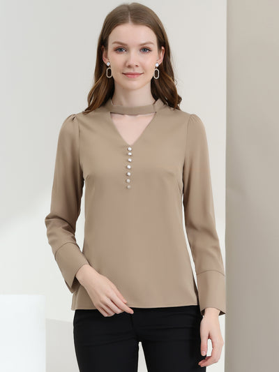 Choker Neck Cutout Button Decor Long Sleeve Chiffon Work Blouse