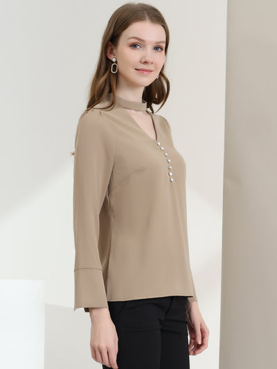 Choker Neck Cutout Button Decor Long Sleeve Chiffon Work Blouse