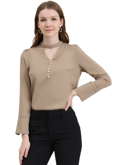 Choker Neck Cutout Button Decor Long Sleeve Chiffon Work Blouse