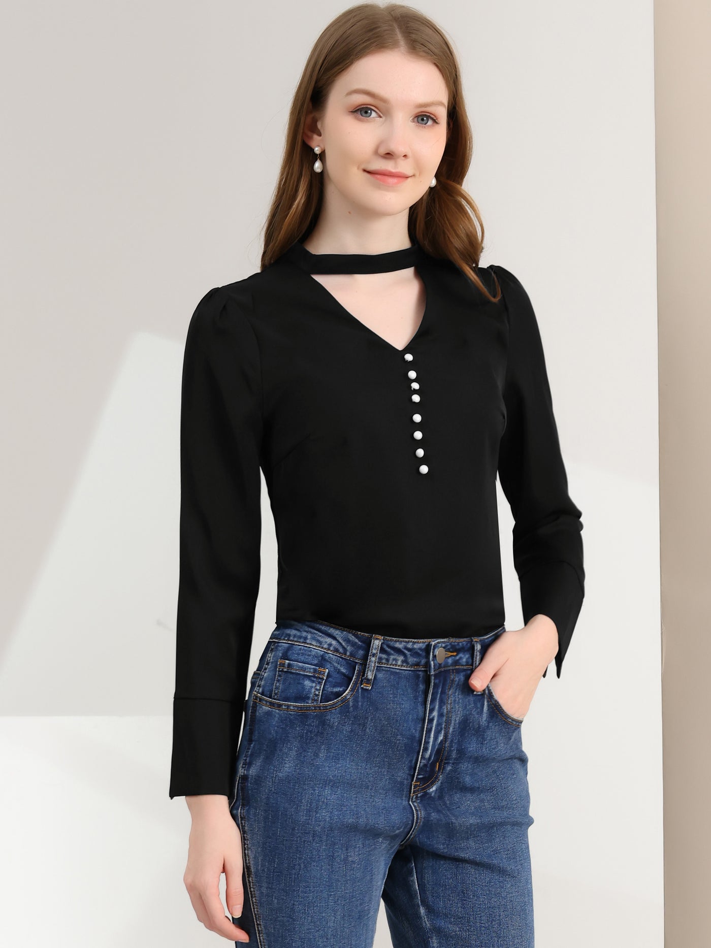 Allegra K Choker Neck Cutout Button Decor Long Sleeve Chiffon Work Blouse