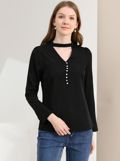 Choker Neck Cutout Button Decor Long Sleeve Chiffon Work Blouse