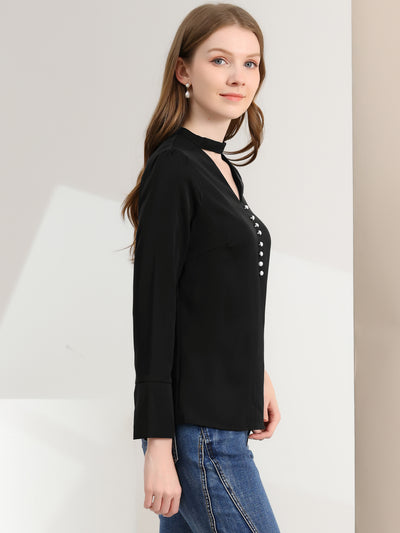 Choker Neck Cutout Button Decor Long Sleeve Chiffon Work Blouse