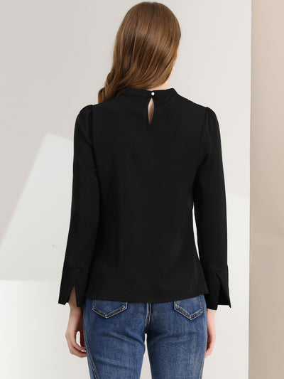 Choker Neck Cutout Button Decor Long Sleeve Chiffon Work Blouse